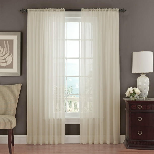 Set of 2 Sheer Voile Window Curtain Panels, 84" Long, Beige
