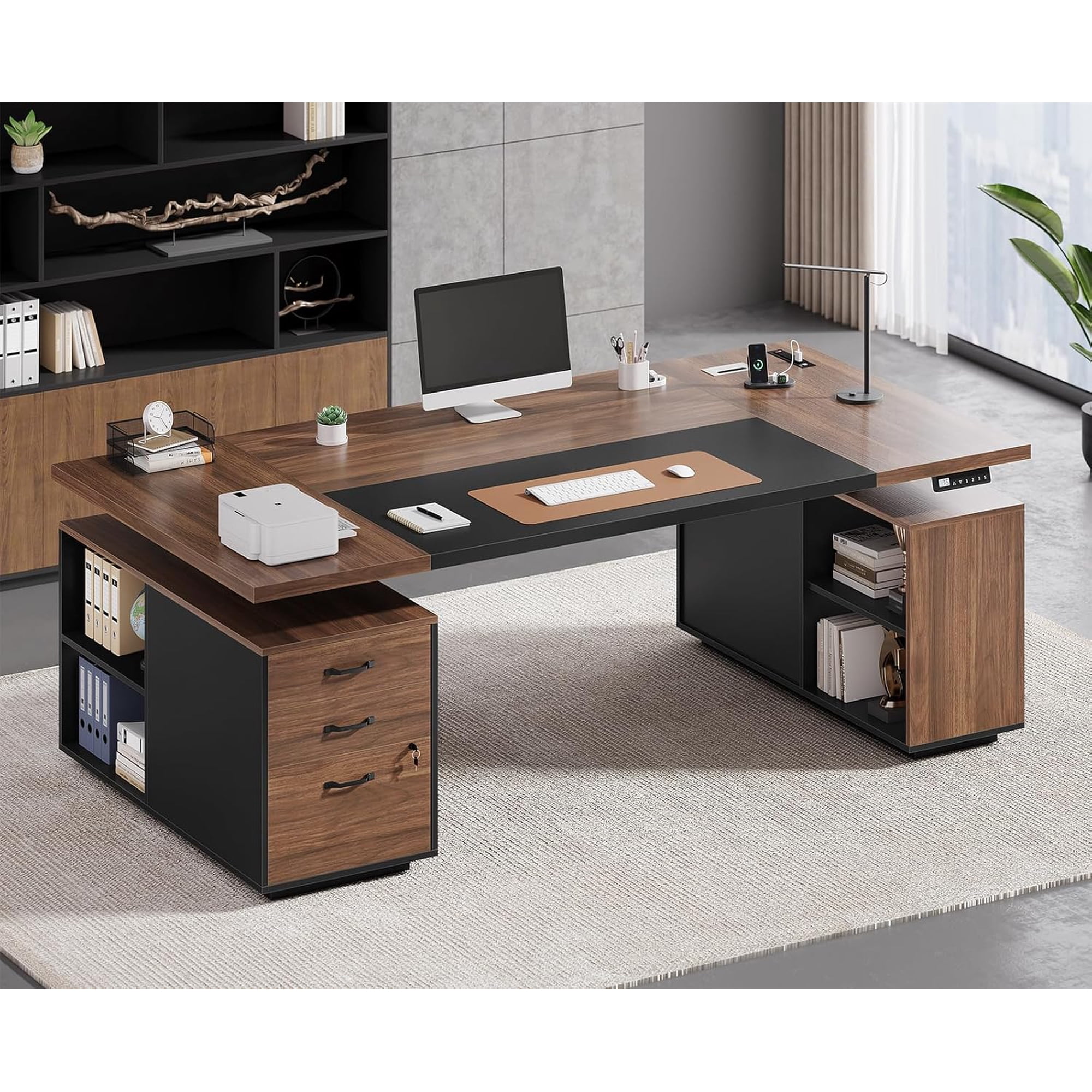 71 Electric Standing Desk with Power Outlet & Drawers Electric Height Adjustable Executive Desk with Lockable File Cabinet Home Office Desk with Open Storage Compartments Gray+Black