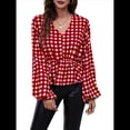 thumbnail image 1 of Top de Larga para Mujer, Jersey Fino, Cuello en V, Abullonada, Babydoll, Ligero, de Poliéster Cuadrícula Roja L, 1 of 10