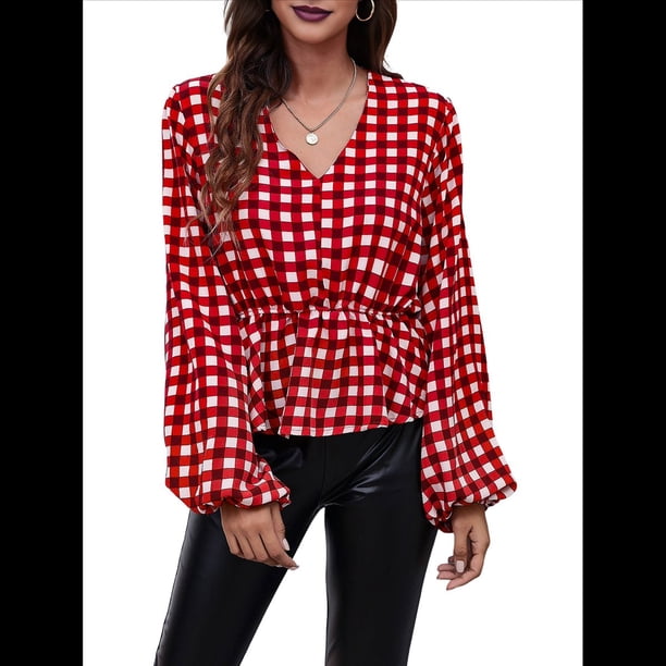 Top de Larga para Mujer, Jersey Fino, Cuello en V, Abullonada, Babydoll, Ligero, de Poliéster Cuadrícula Roja L
