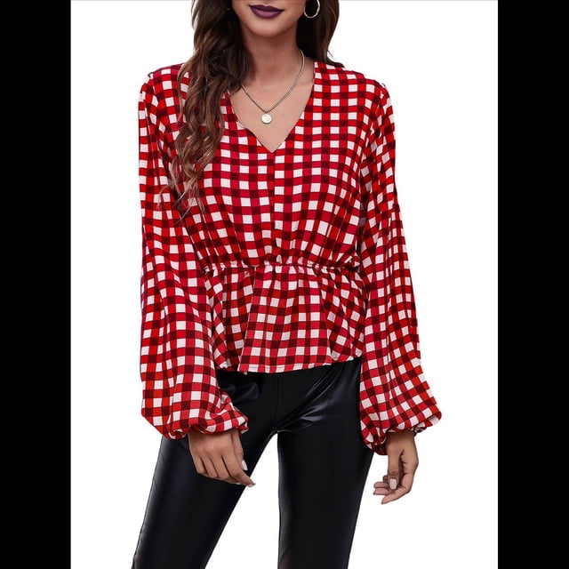 Top de Larga para Mujer, Jersey Fino, Cuello en V, Abullonada, Babydoll, Ligero, de Poliéster Cuadrícula Roja M