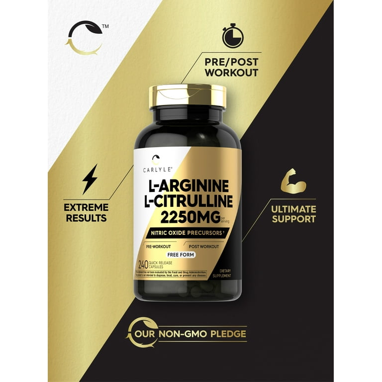 L-Arginine L-Citrulline Complex | 2250mg | 240 Capsules | Nitric Oxide  Precursors | Free Form | Non-GMO & Gluten Free | by Carlyle