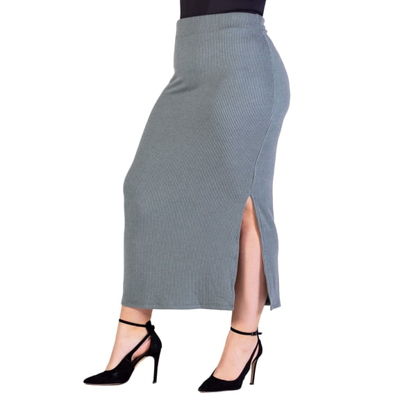 Plus Size Ribbed Knit Side Slit Elastic Waist Maxi Skirt