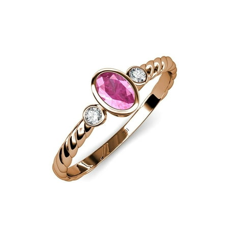 

Pink Sapphire and Diamond (SI2-I1 G-H) Three Stone Rope Ring 0.61 ct tw in 14K Rose Gold.size 8.5