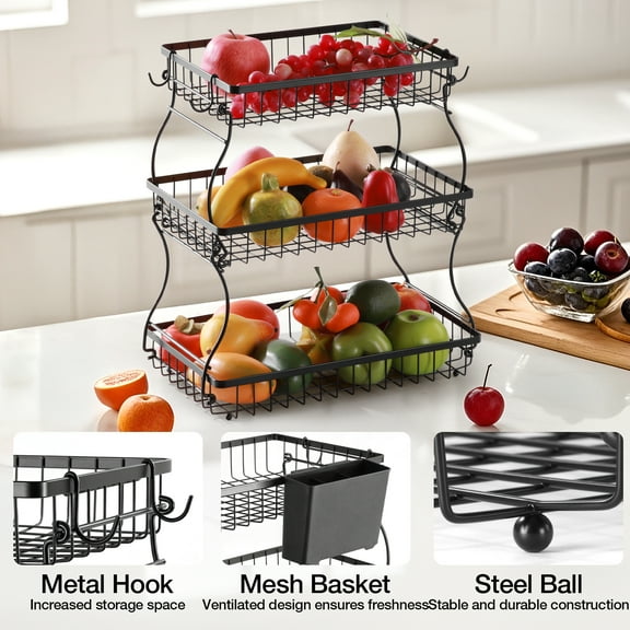 3 Tier Fruit Basket with Improved Fruit Bowl for Kitchen Counter, Detachable Large Capacity Countertop Organizer Fruit Holder Stand for Vegetable Bread Snack Produce Storage