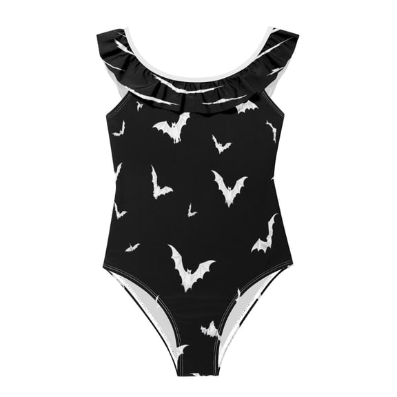 Girls Ruffle One-Piece Swimsuit Girls' One-Piece Swimwear Printed Kids Bathing Suit Soft Stretchy Swimwear for Beach Pool Moonlight Bat Background 3Years