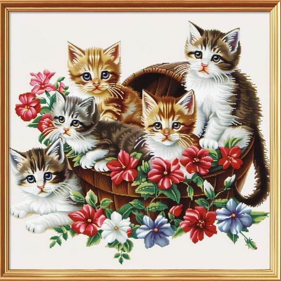 Cute Cats in Flower Basket DIY 11CT Stamped Cross Stitch Kits for Beginners Easy Needlepoint Embroidery Counted Cross Stitch Art Craft for Wall Decoration 14x14inch(5)
