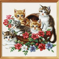 Cute Cats in Flower Basket DIY 11CT Stamped Cross Stitch Kits for Beginners Easy Needlepoint Embroidery Counted Cross Stitch Art Craft for Wall Decoration 14x14inch(5)