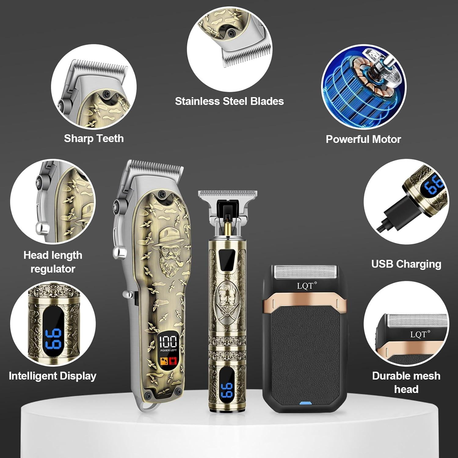 LQT Professional Hair Clipper Set for Men Electric Shaver Razor Cordless Hair Cutting Barber Clippers Beard Trimmer Men’s Grooming Kit Gifts for him