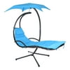 Pgyong Outdoor Hanging Curved Steel Chaise Lounge Chair Swing, Built-in Pillow and Removable Canopy, Blue