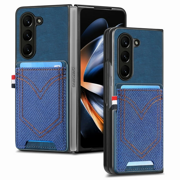 Feishell Wallet Case for Samsung Galaxy Z Fold 6 with Card Holder, Vintage Classic PU Leather Slim Back Cover, TPU Shockproof Lens Protection Case for Samsung Galaxy Z Fold 6, Blue