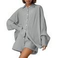 thumbnail image 1 of Conjunto de camisa y pantalones cortos de mezcla de lino liso para mujer: conjunto informal de dos piezas, tejido transpirable, tallas S-XXL, contorno de pecho 112-132 cm., 1 of 7