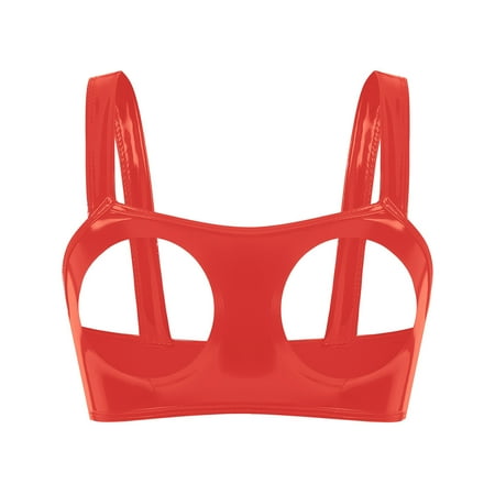 UKLSQMA Ladies  Solid Color PVC Patent Leather Sexy Bras Sexy Lingerie for Women Shiny Patent Leather Bras Red L