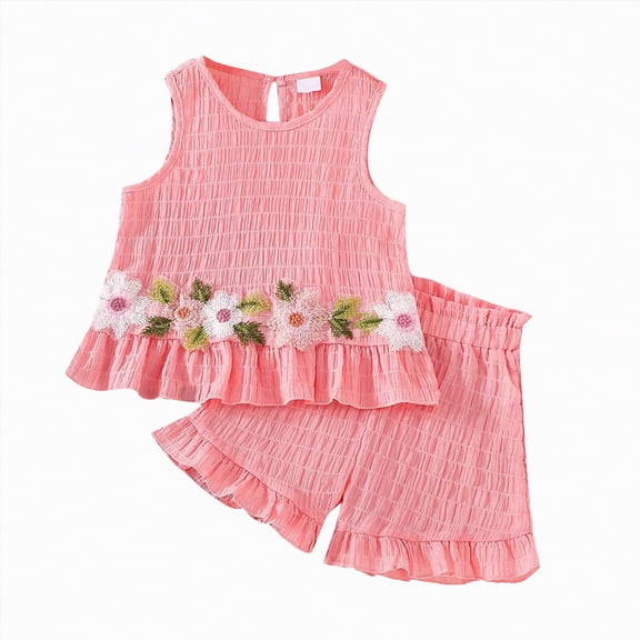 ZHANGDER Toddler Baby Girl Summer Clothes 1T 2T 3T 4T 5T T-Shirts Shorts Clothing Set Ribbed Knit Cute Summer Short Set 2pcs Shorts Outfits Set, Pink 4T