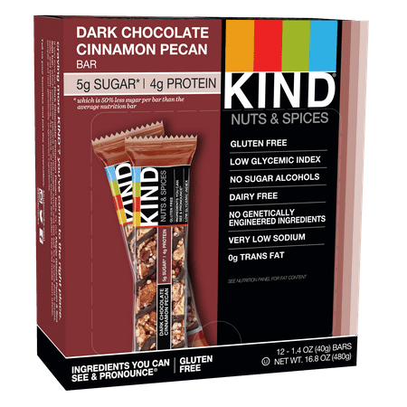 KIND Bars, Dark Chocolate Cinnamon Pecan, Gluten Free, Low Sugar, 1.4oz, 12