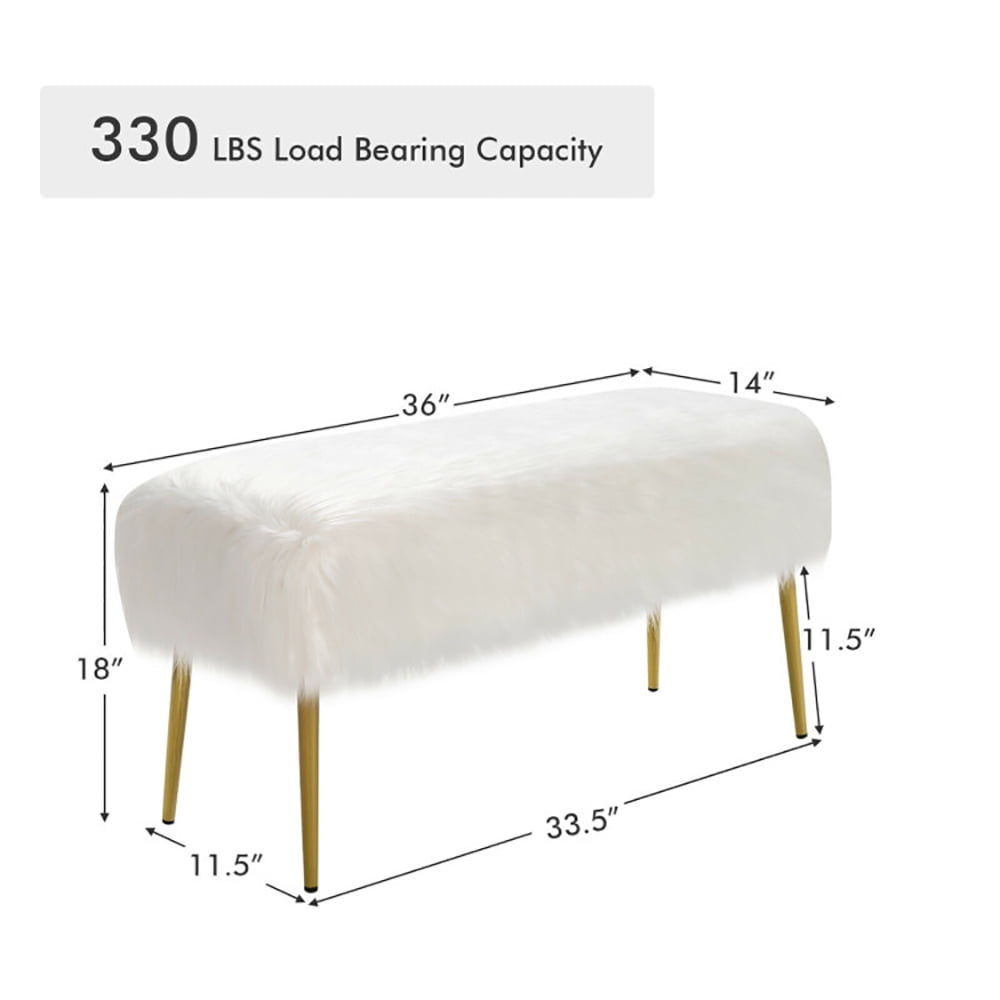 Finihen Upholstered Faux Fur Vanity Stool Chair, Footstool Ottoman, Vanity Stool with Golden Metal Legs, Decorative Furniture Footrest, for Makeup Room, Living Room, Bedroom, White
