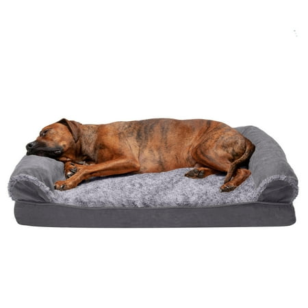 UPC: 0842229124293 | FurHaven Pet Products Two-Tone Faux Fur & Suede Cooling Gel Memory Foam Sofa-Style Pet Bed for Dogs & Cats – Stone Gray Large