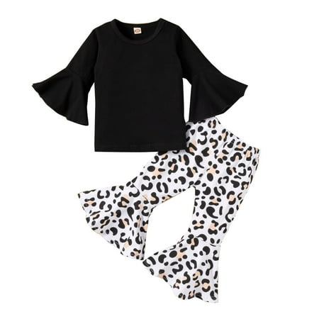

EHTMSAK Toddler Baby Children Girl 2PCS Flare Sleeve T Shirts and Leopard Flare Pants Set Clothing Set Long Sleeve Outfits Black 1Y-6Y 80