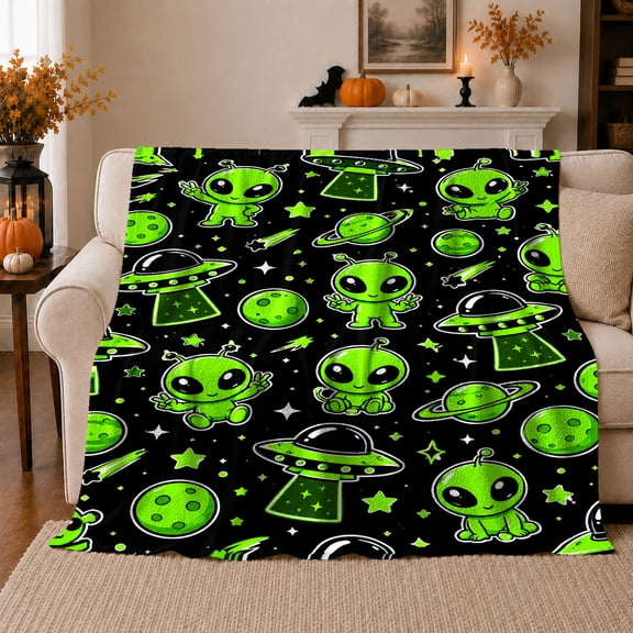Cute Green Alien Flying Saucer Space Whimsical, Playful Celestial Art Scene, Warm Flannel Blanket for Living Room and Bedroom, Celestial Art Lovers Housewarming Gift, Playful Home Decor