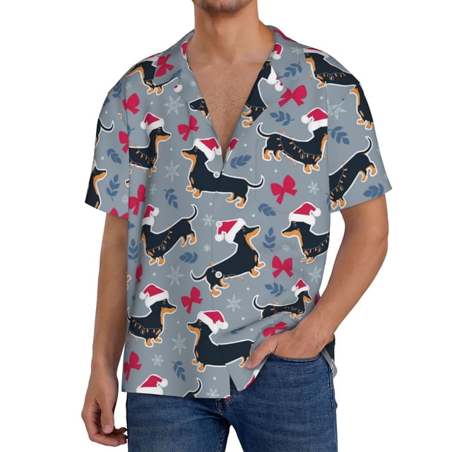 Fotbe Christmas Hat Dachshund Camisa Estampada de Manga Corta para Hombre, Casual de Verano, Estilo Playero, Sin Arrugas-Small