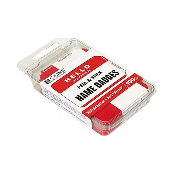 C-line 92234 Pressure Sensitive Hello Name Badges, 2-1/4 x 3-1/2, Red, 100/Box