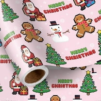 WarmHaven Christmas Wrapping Paper Roll,Pink Pixel Style Gift Wrap with Santa Gingerbread Man Snowman and Christmas Tree,Cute Gamer Party Holiday Gifts for Kids Girls Teens,Mini Roll 17 in x 16.4 Ft