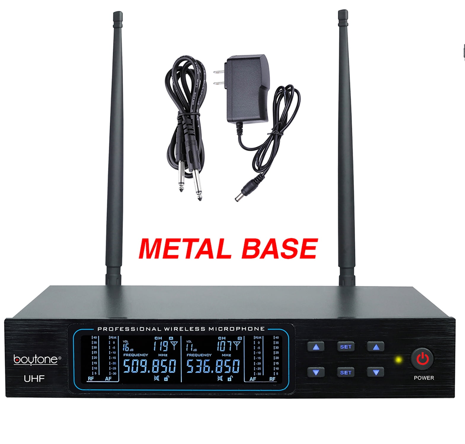 Boytone BT-56UM 120-Channel Dynamic Dual UHF Wireless Microphone System, Metal Cordless Mic and Base Set, Long Distance 200-240 Ft, 16 Hours Continuous Use for Concert, Studio, Party, Church, Karaoke