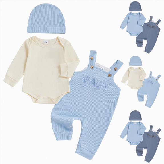 Splozh Newborn Clothes 3 6 12 18 Months Newborn Baby Boy Clothes Long Sleeve Ribbed Bodysuit Pants Hat 3 Piece Outfit Set,Blue,0-3 Months