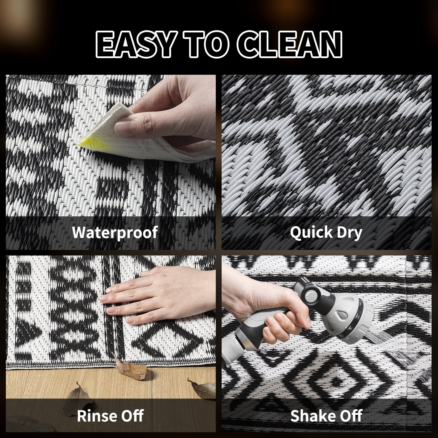 SIXHOME Outdoor Rug with LED Strip Lights 8'x10' Waterproof Reversible Patio Rug Boho Geometric Indoor Outdoor Rugs Lightweight Plastic Straw Rug for RV Camping Deck Balcony Modern Porch Decor Black