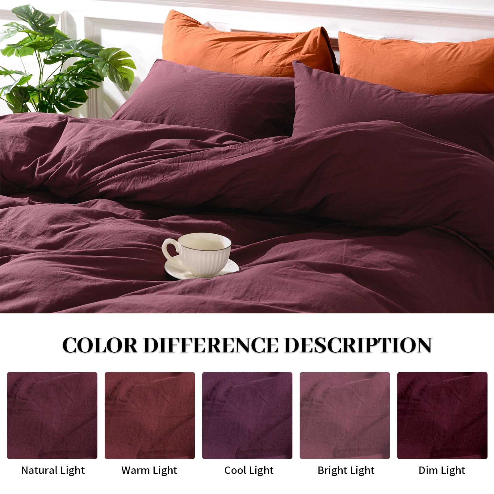 NEXHOME PRO Duvet Cover Set 100% Washed Cotton 2 Pieces Linen Breathable Soft Durable Duvet Cover Bedding Set with Zipper Closure, Twin Size Burgundy Dark Red (Comforter Not Included)