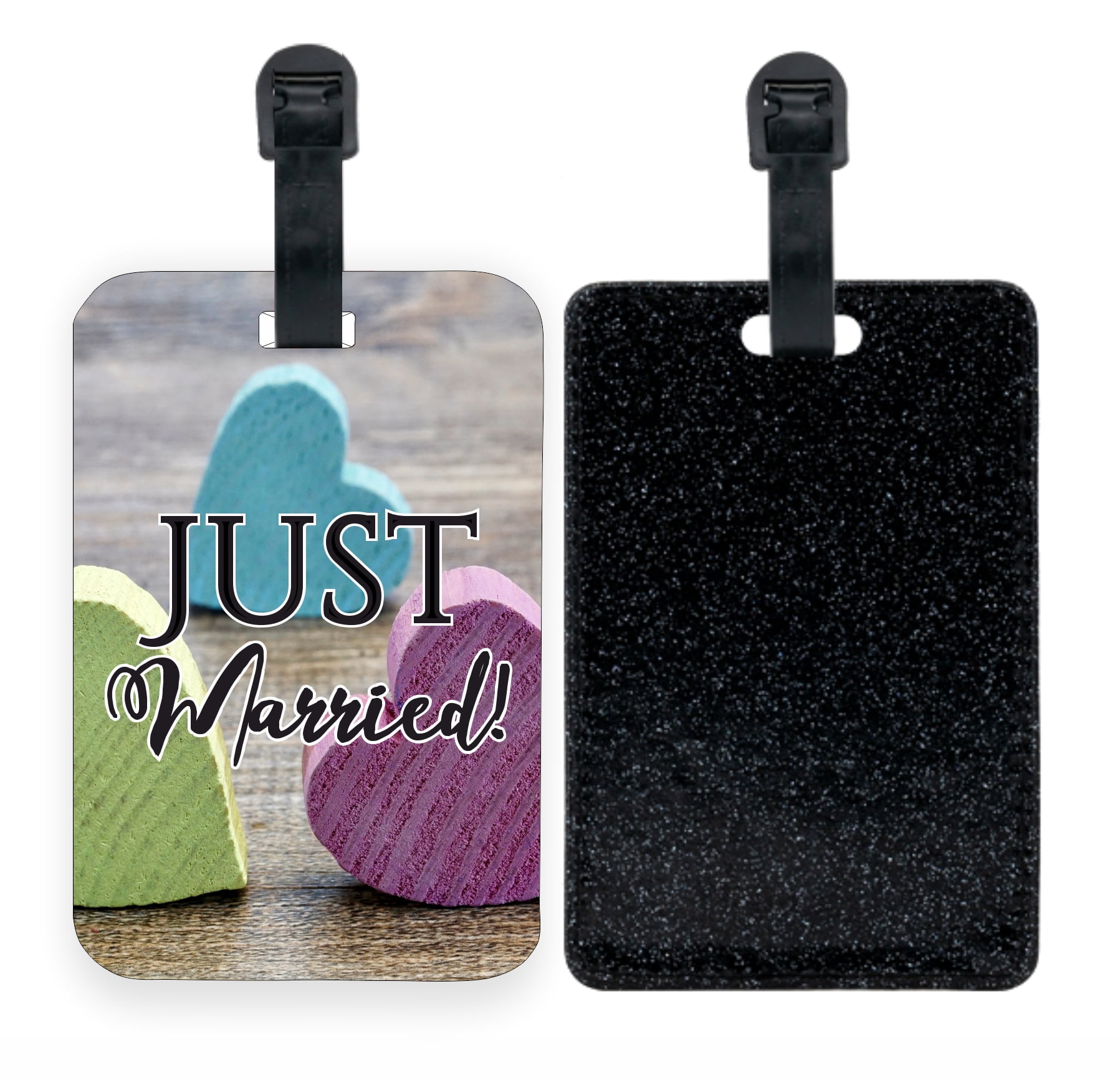 Black Glitter Luggage Tag Identifier - Just Married Bag Tags - Wood ...