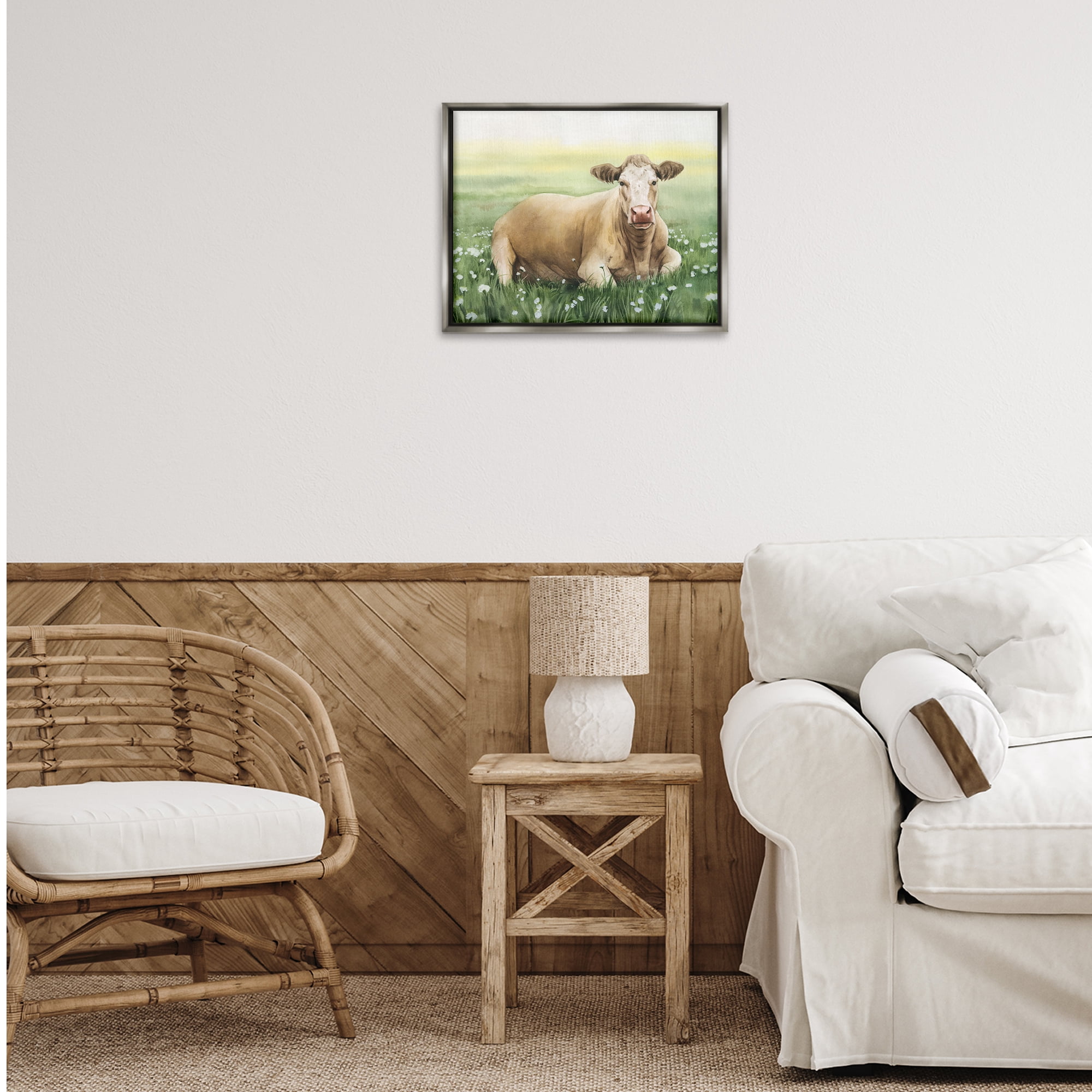 Stupell Industries Resting Beige Cow Animals & Insects Painting Gray Floater Framed Canvas Art Print Wall Art, 21 x 17