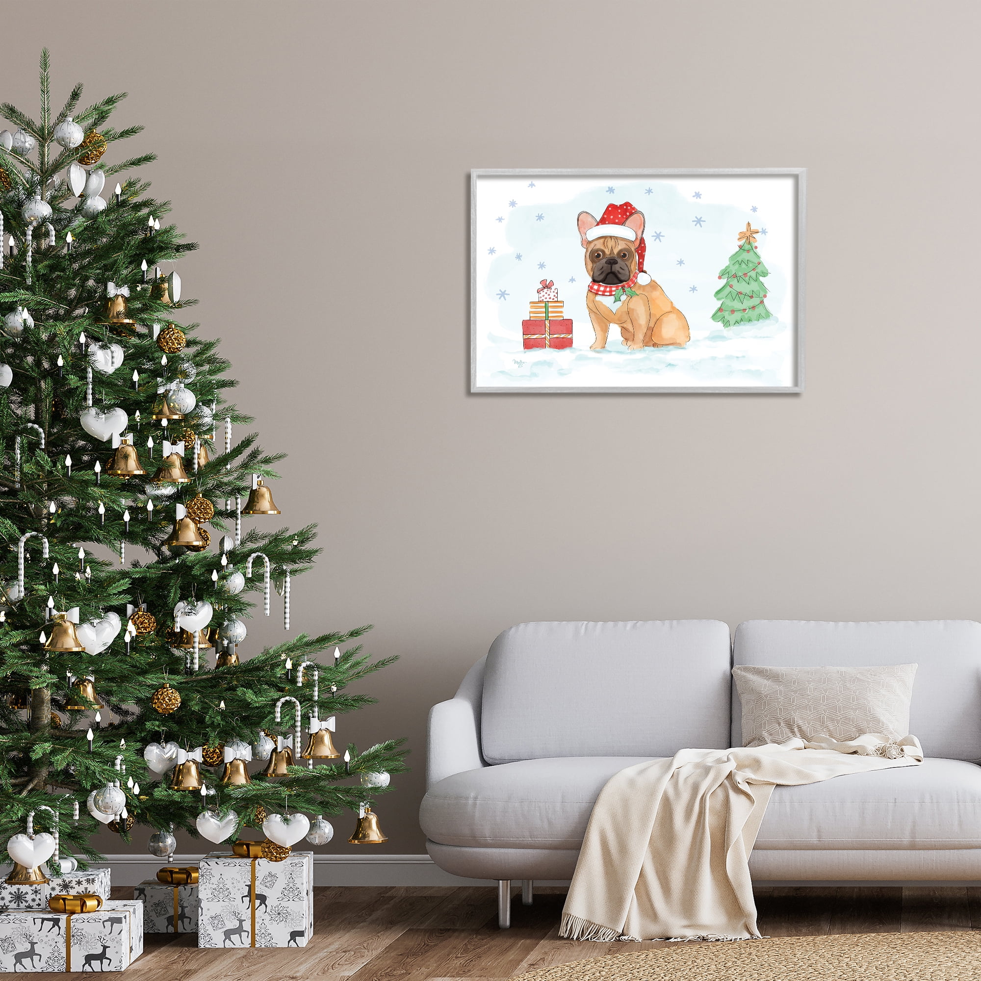 Stupell Industries Holiday Dog in Snow Holiday Painting Gray Framed Art Prints Wall Art, 30 x 20