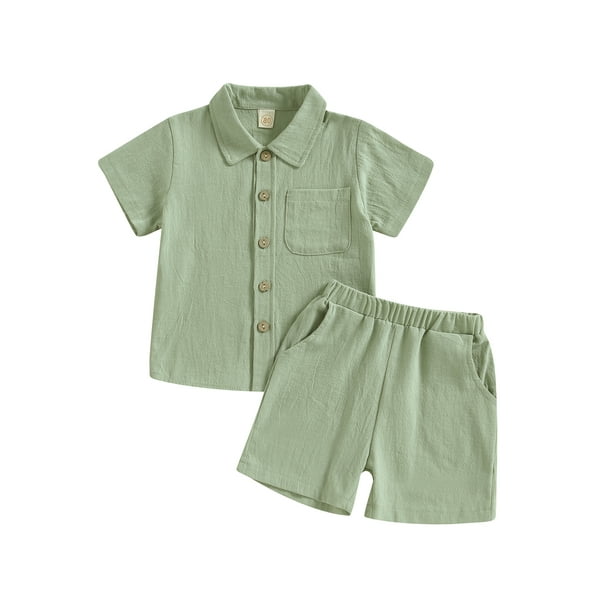 Toddler Boys Cotton Linen Shorts Outfits Button Up Short Sleeve Shirts