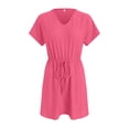 thumbnail image 6 of vigerkar Women's Eyelet Drawstring Waist Mini Dress Short Sleeves Round Neck Tie Waist Tunic Dresses Hot Pink, M, 6 of 7