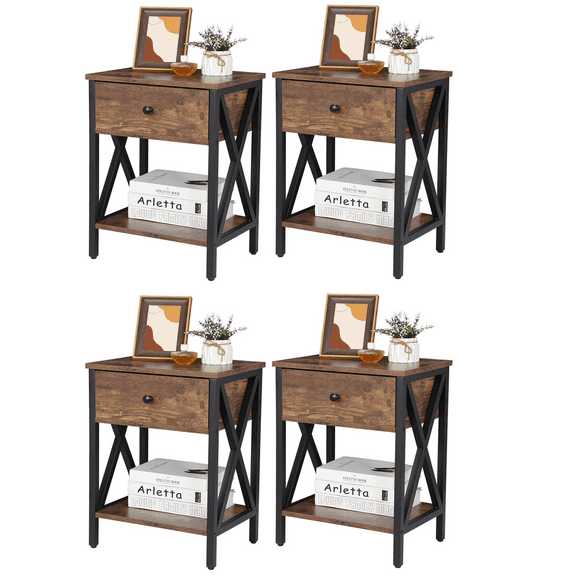 KDTHTF Set of 2 End Tables X-Design Legs Side Sofa Table Storage Shelf W/Drawer Brown