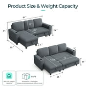 LINSY HOME 3 Seaters Sectional Couches for Living Room, Sofa Bed with Storage Seat, Pull Out Couch Bed with Storage Ottoman, Dark Gray