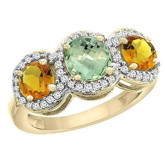 14K Yellow Gold Natural Green Amethyst & Citrine Sides Round 3-stone Ring Diamond Accents, size 5.5
