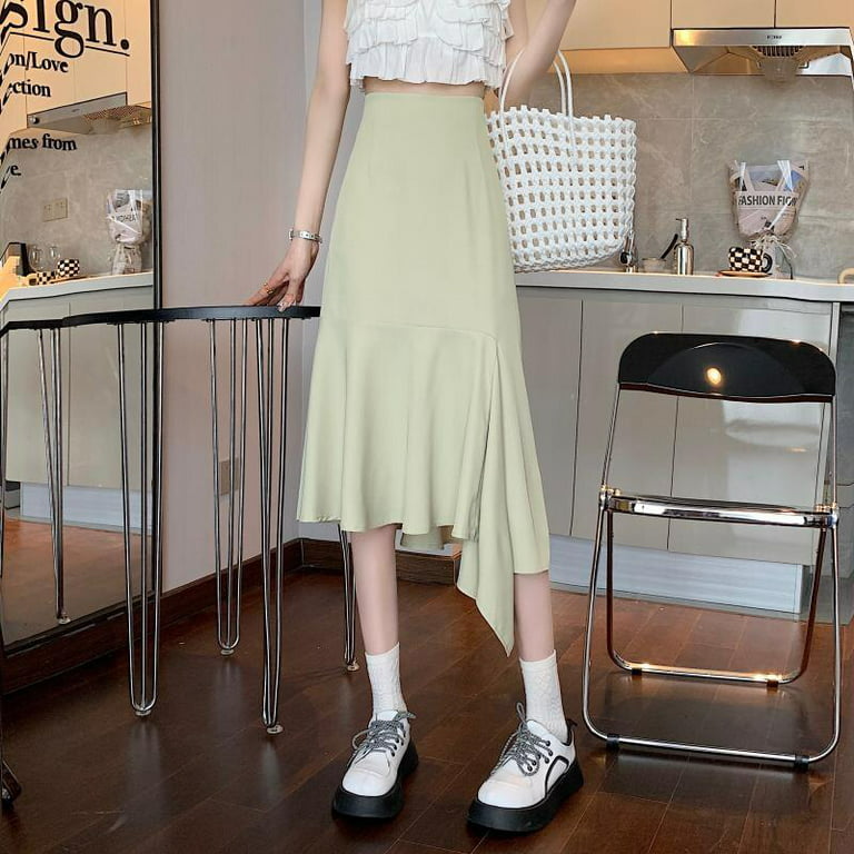PIKADINGNIS Fashion Asymmetrical Long Skirt Women Solid Color Elastic High  Waist A-line Skirts Woamn Korean Chic Ruffles Midi Skirt 