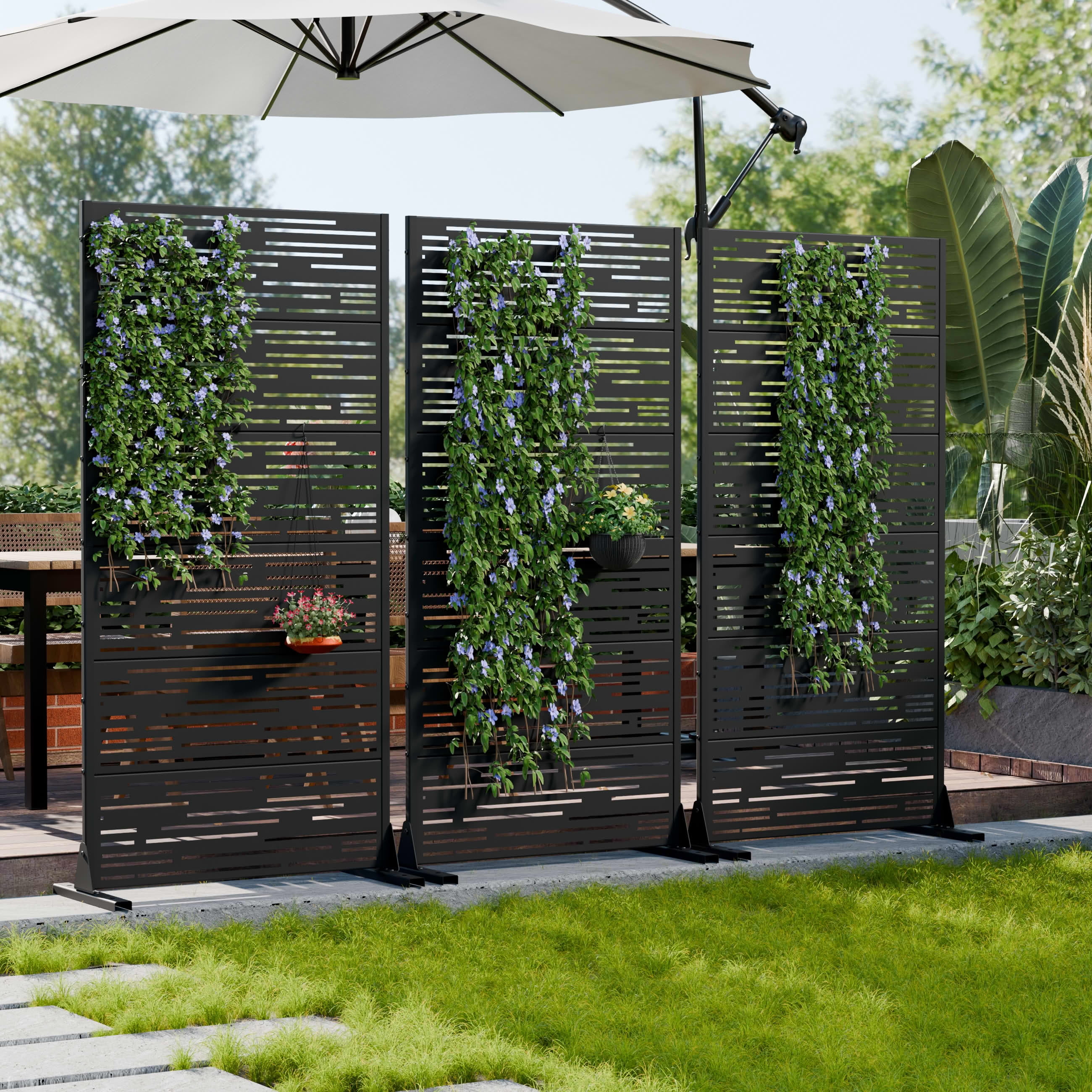 MAYEERTY 2-Piece Outdoor Metal Privacy Screen 6ft × 3ft Black, 6-Panel Light & Shadow Pattern, Rust-Resistant for Garden