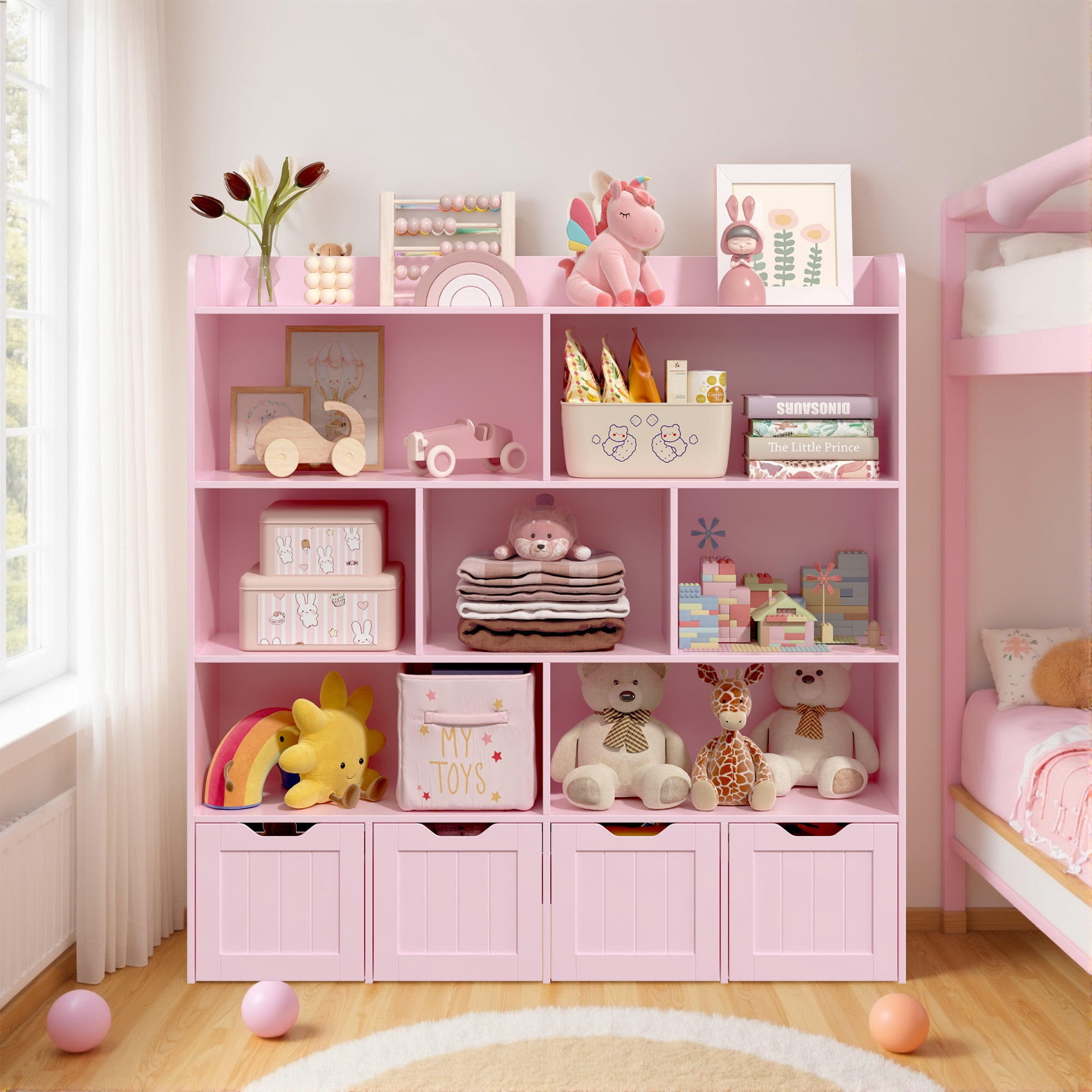 Noelse Toy Storage Cabinet and Kids Bookcase with 4 Movable Drawers and 8 Open Shelves Toy Chest Shelf Organizer with Hidden Wheels for Playroom Nursery Kids Room, Pink