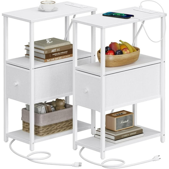 Small Narrow End Table with Charging Station, Set of 2, Side Table with Outlets, Nightstand with Cloth Drawer, Couch Table, for Living Room, Bedroom, Bedside, White