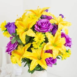 Large Memorial Yellow and Purple Artificial Rose Lily Bush This Yellow and Purple Artificial Rose Lily Silk Flower Bush is perfect for adding a long lasting floral without the worry of wilting fresh flowers. The realistic bush is great as an instant memorial arrangement. It is full with 9 faux dark purple closed roses  10 yellow lilies and 9 purple open roses accented with green foliage.