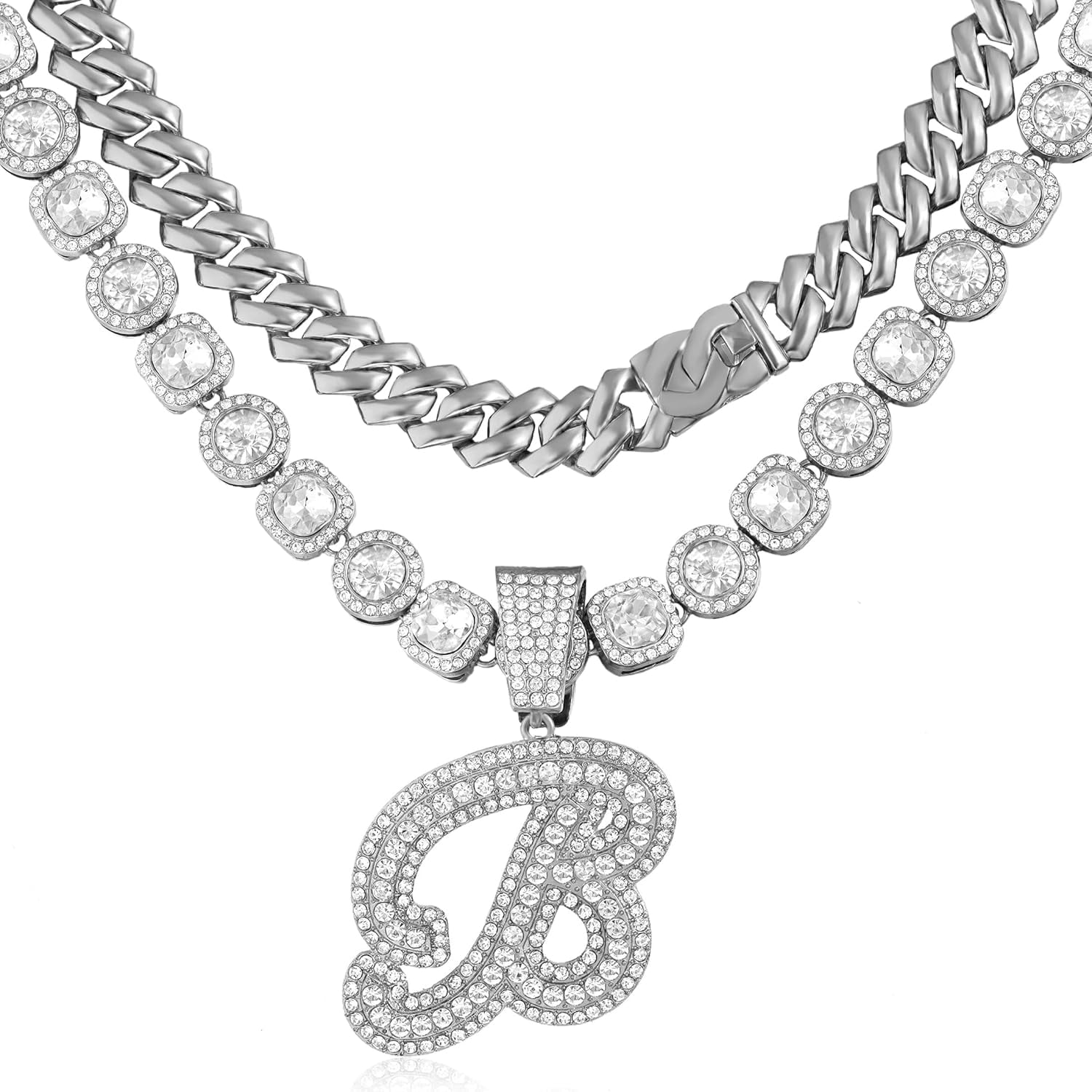 2Pcs Cuban Link Chain For Women Cursive Silver Initial Necklace Cuban Link Necklace For Women Hip Hop Iced Out Chain Necklace Bling Diamond 14Mm Cuban Chain Letter Name Hip Hop Jewelry[Z4623]
