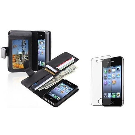 Insten Black Leather Case Wallet + Reusable Screen Protector For Apple iPhone 4 / 4S