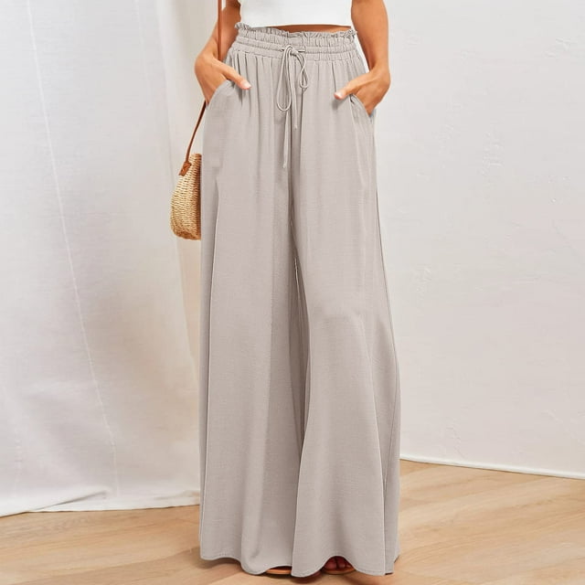 Jsaierl Womens Casual Wide Leg Pants Ruffle Elastic Drawstring Palazzo Pants Loose Comfy Trousers with Pockets