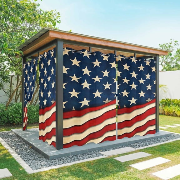 Outdoor Curtains for Patio Waterproof, Vintage American Flag Windproof Pravicy Outside Porch Blackout Curtain, Red Beige Waves Sun Blocking Grommets Curtains for Cabana Gazebo 54"x84"