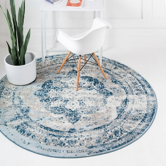 Rugs.com Monte Carlo Collection Rug – 4' Round Blue Medium Rug Perfect For Kitchens, Dining Rooms