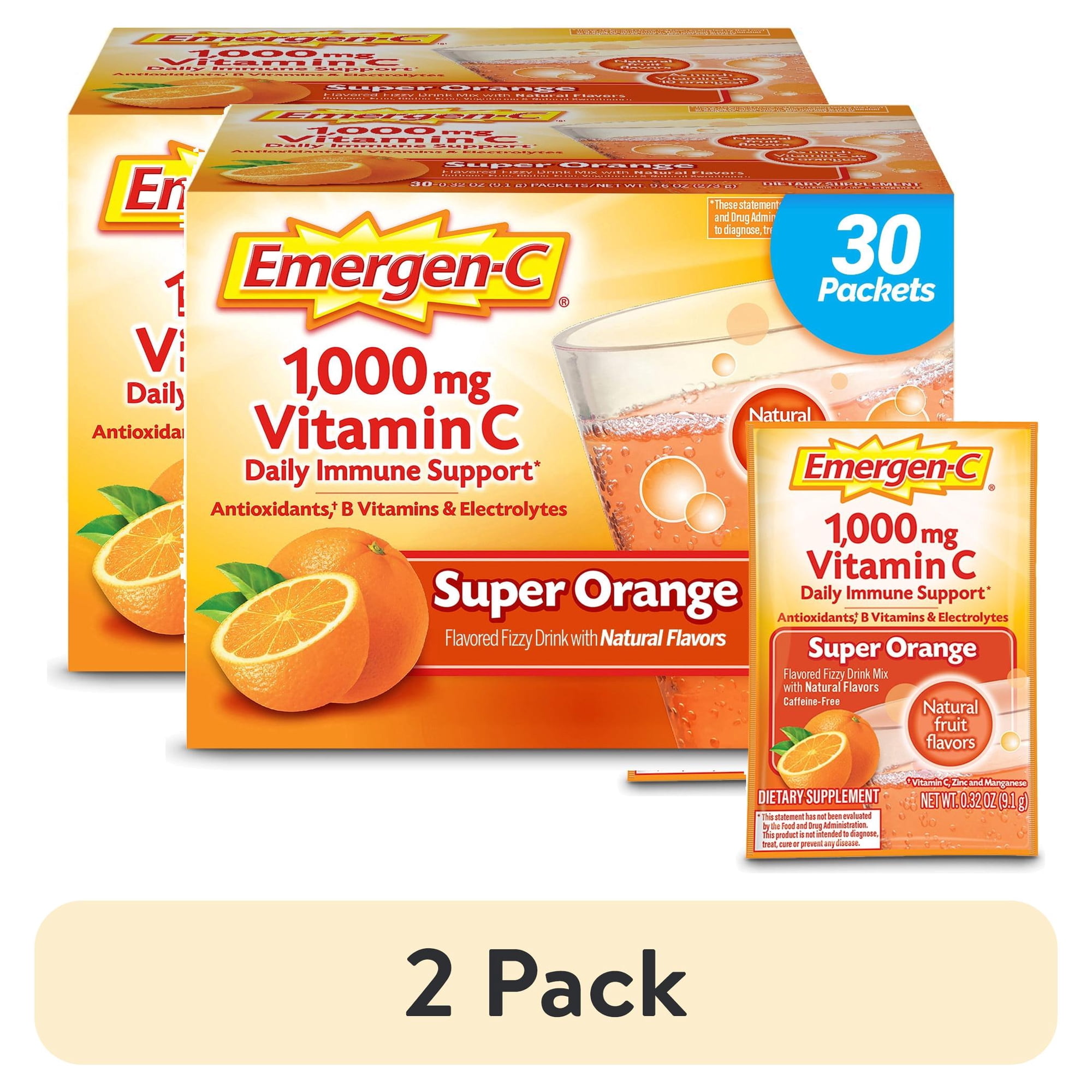(2 pack) Emergen-C 1000Mg Vitamin C Powder for Immune Support Super Orange - 30 Ct