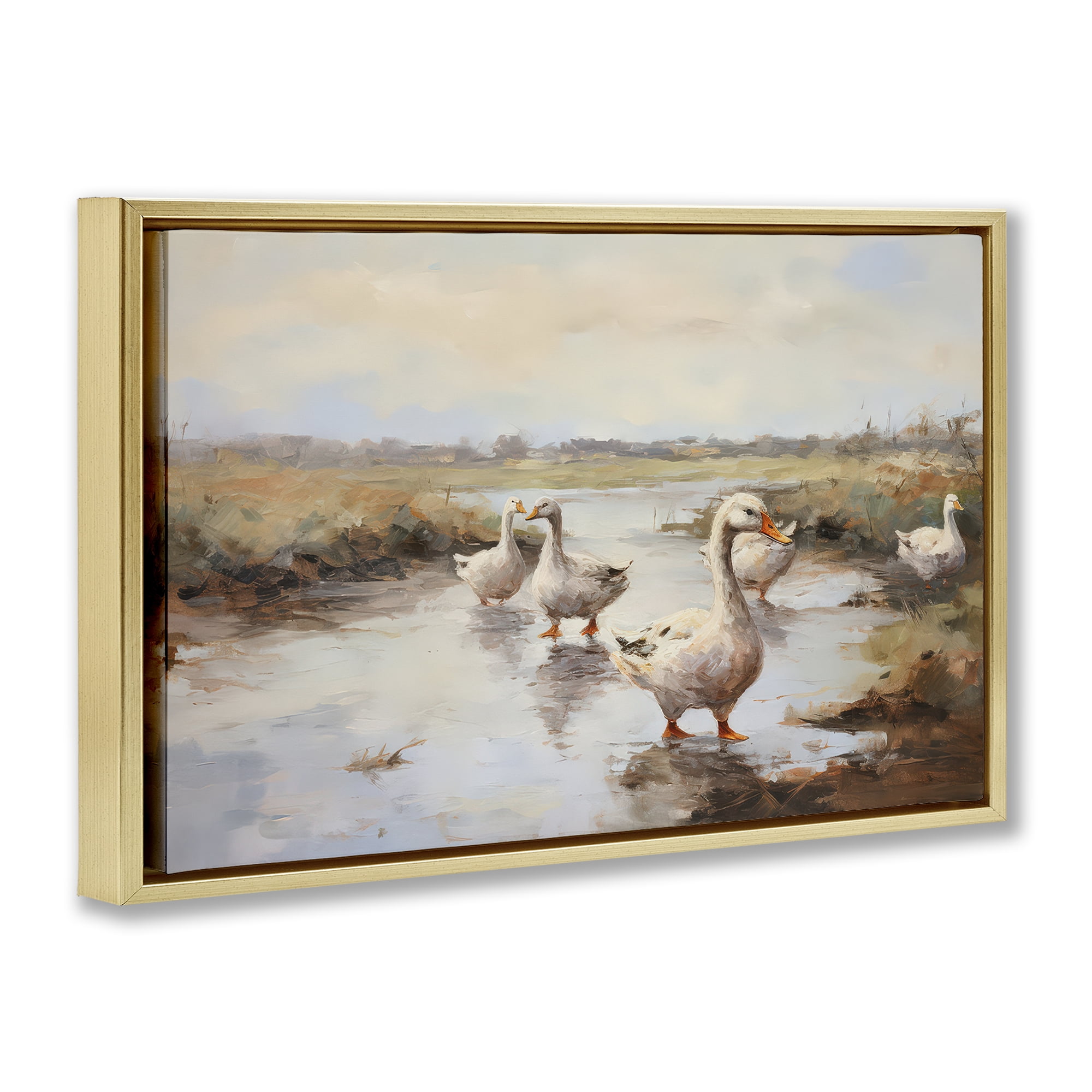 Stupell Industries Swan Family Traditional Pond Landscape & Nature Painting Gold Floater Framed Canvas Art Print Wall Art, 25 x 17